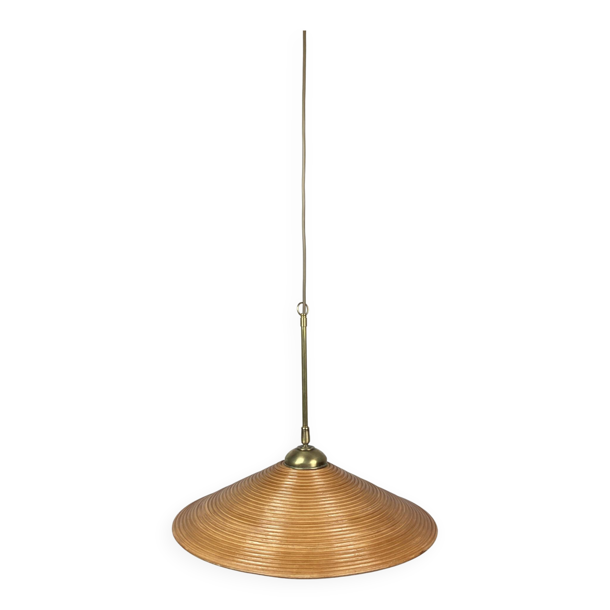 Pencil split reed, rattan, bamboo & brass pendant lamp, italy, 1970s
