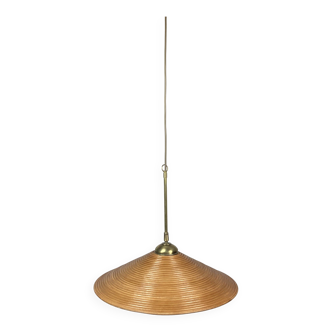 Pencil split reed, rattan, bamboo & brass pendant lamp, italy, 1970s