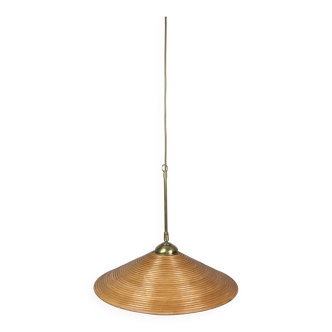 Lampe à suspension pencil split reed, rotin, bambou et laiton, italie, 1970s