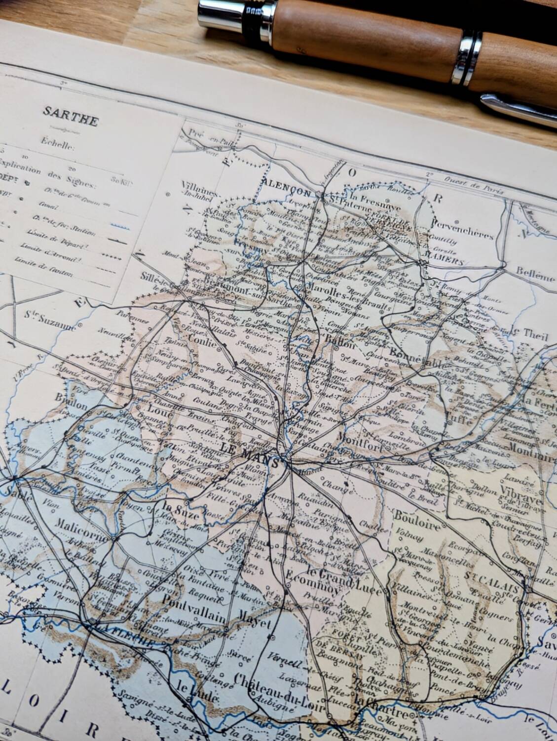 Printed in 1889, map of Sarthe. Authentic Vintage