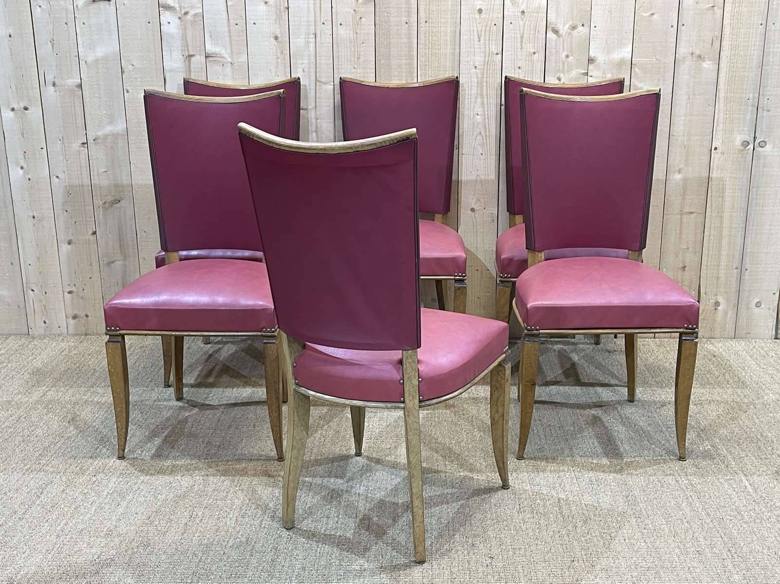 Set of 6 beech chairs with skai in the style of Jules Leleu.