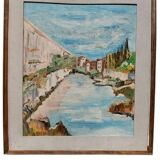 Rare oil painting Giuseppe Serafini view of the Arno Montelupo Fiorentino 1962