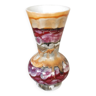 Vase vintage en céramique faite main : années 1970, décor abstrait bordeaux et argent