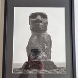 Vintage framed silver print, Moai of Easter Island, ethnological mission from 1970