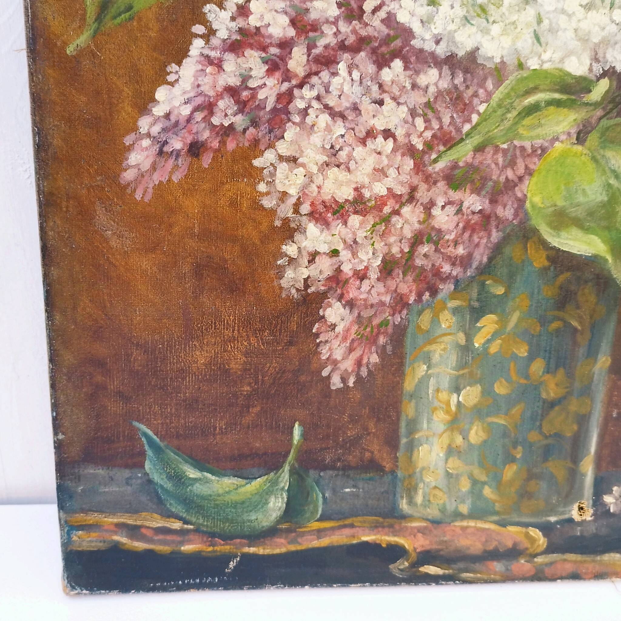 Oil painting on canvas bouquet of lilacs 1903 Vintage