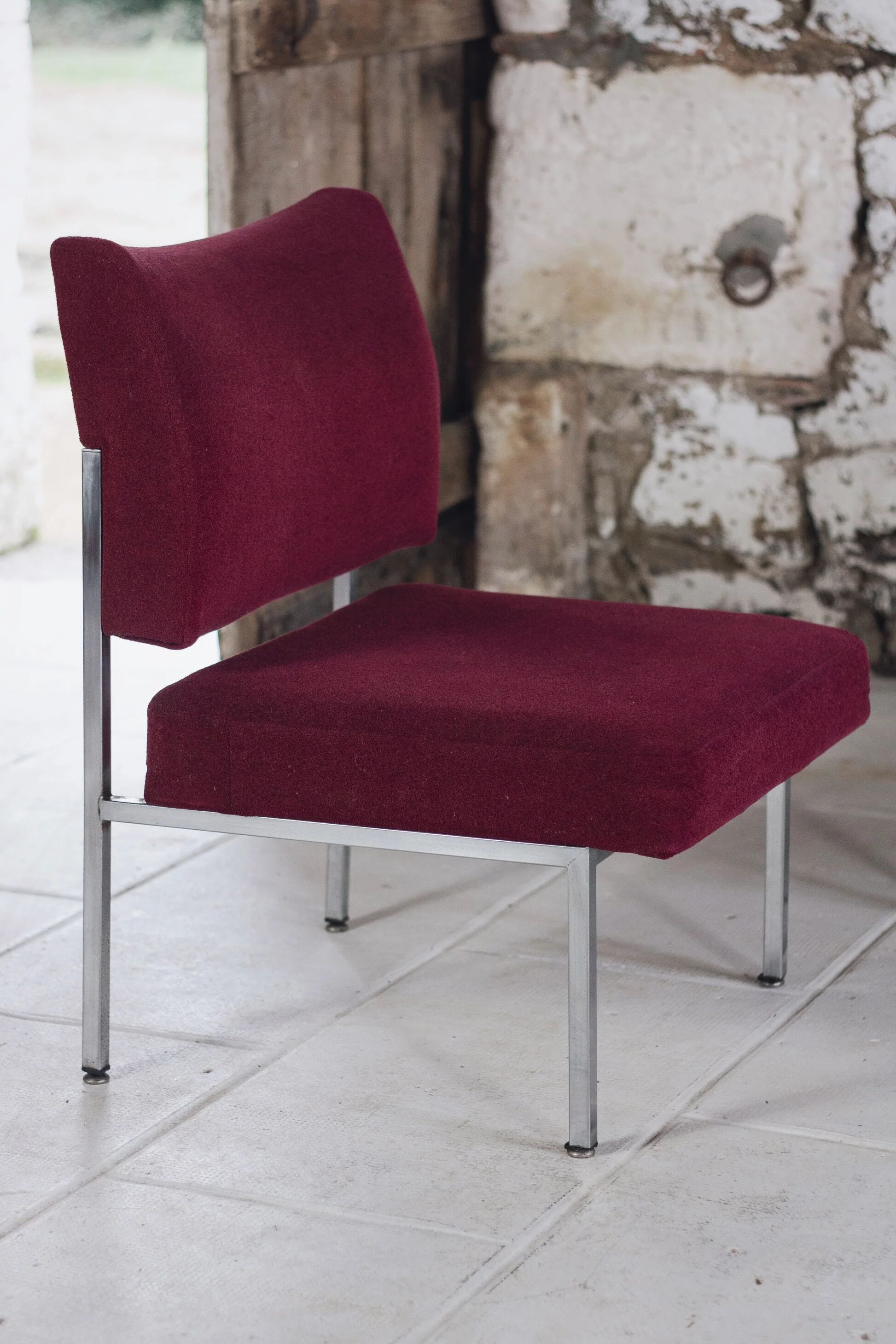 Set of 4 modernist burgundy armchairs, 1970.