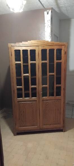 Parisian glass-fronted cabinet, Art Deco vintage bookshelf, solid oak furniture.
