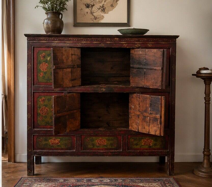 Antique Japanese Wooden Sideboard with Hand-Painted Floral Decorations