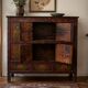 Antique Japanese Wooden Sideboard with Hand-Painted Floral Decorations