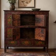 Antique Japanese wooden sideboard with hand-painted floral decorations.