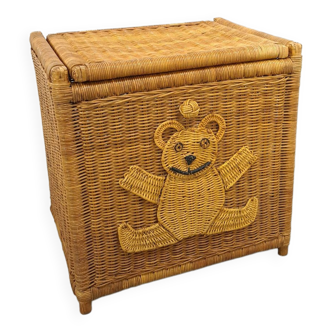 Wicker basket with lid with bear, vintage toy basket