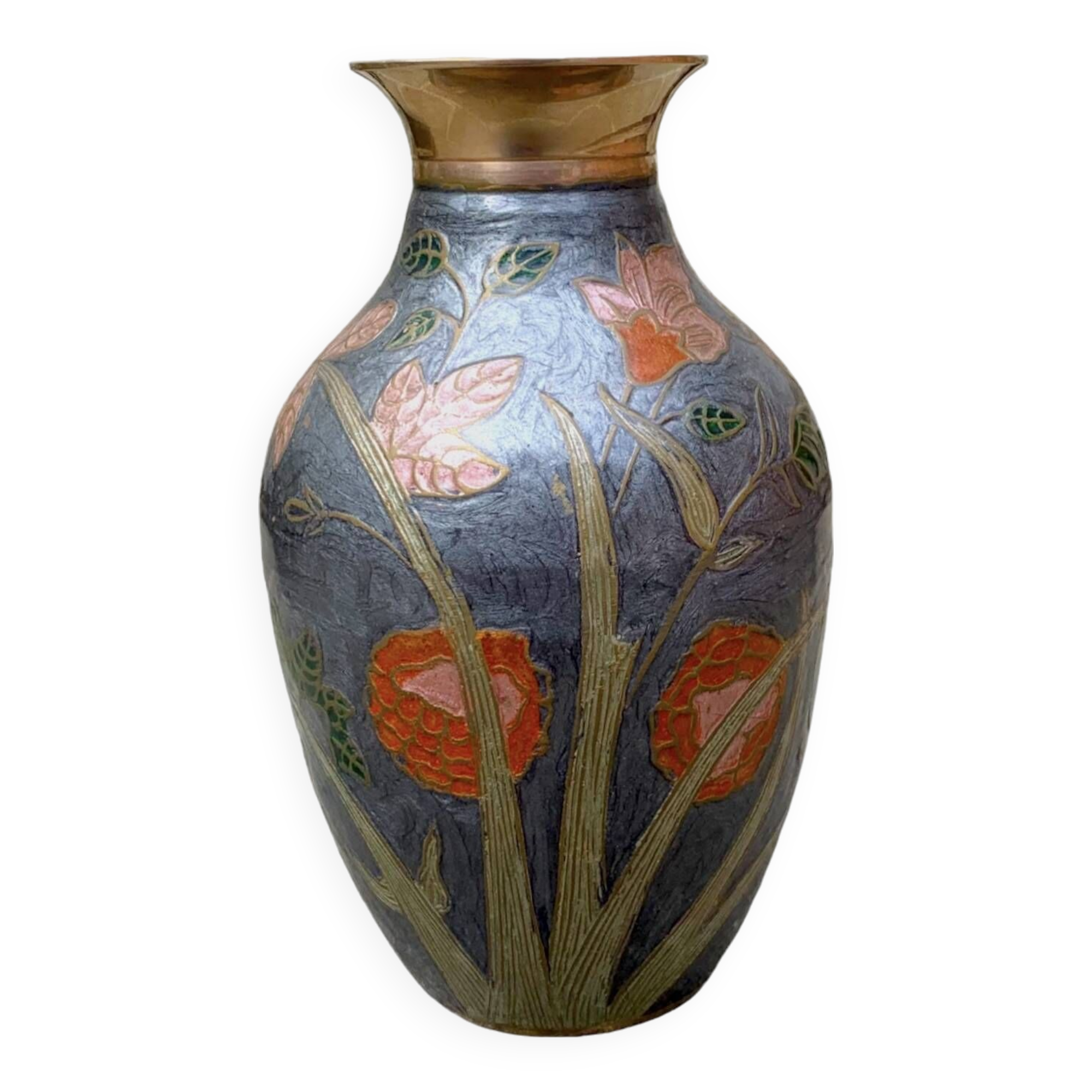 Vintage brass vase with cloisonné enamel floral decoration