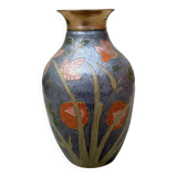 Vintage brass vase with cloisonné enamel floral decoration