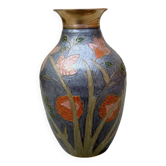 Vintage brass vase with cloisonné enamel floral decoration