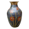 Vintage brass vase with floral decoration in cloisonné enamel