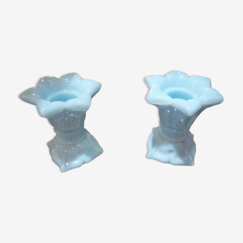 Blue fair opaline candlesticks