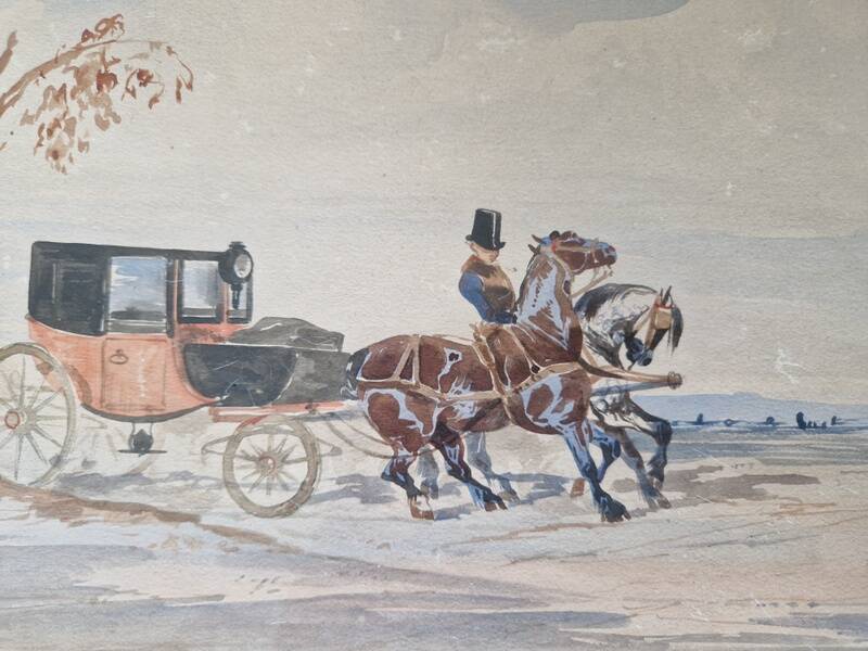 Johnny Audy (active 1840-1880) - Watercolor on paper - "The diligence" - Signed lower right