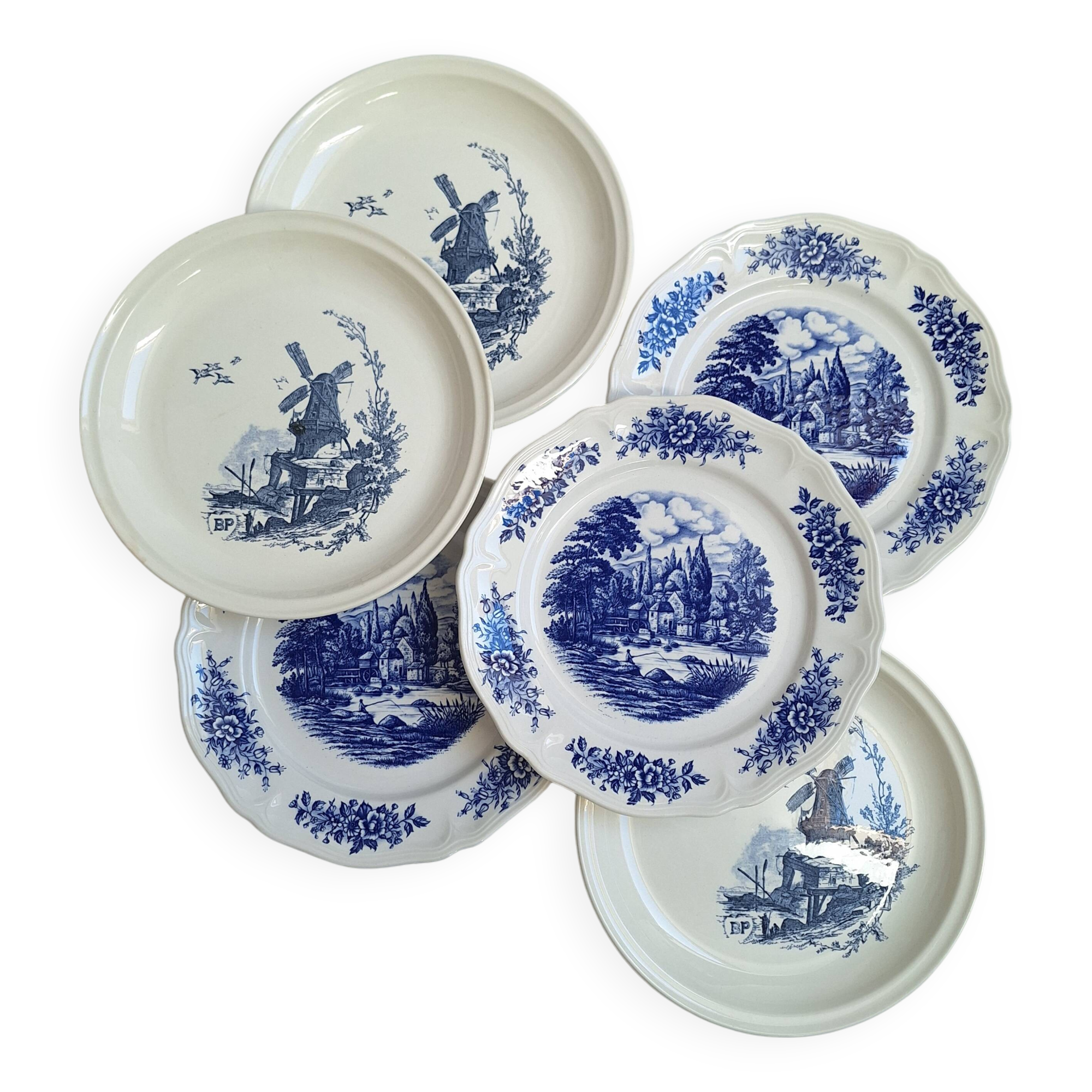 Vintage blue Moulin des Loups dinner plates