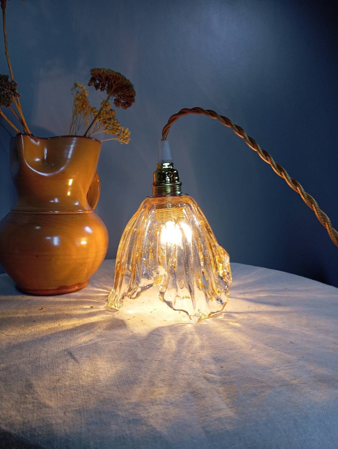 Hanging pendant light thick transparent draped and amber glass, vintage