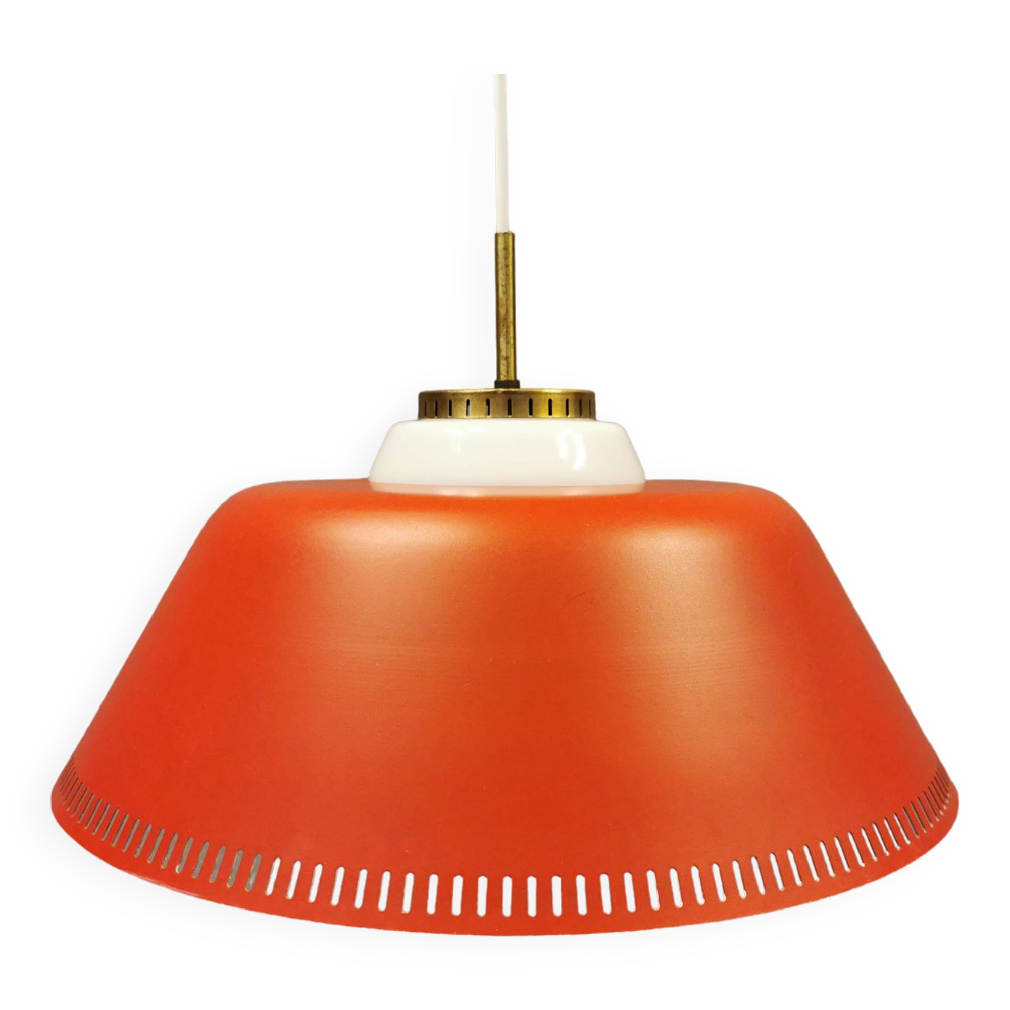 Hanging lamp in red lacquered metal and milky white opal glass 1970s Denmark.