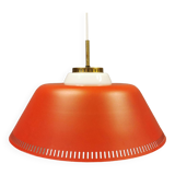 Hanging lamp in red lacquered metal and milky white opal glass 1970s Denmark.