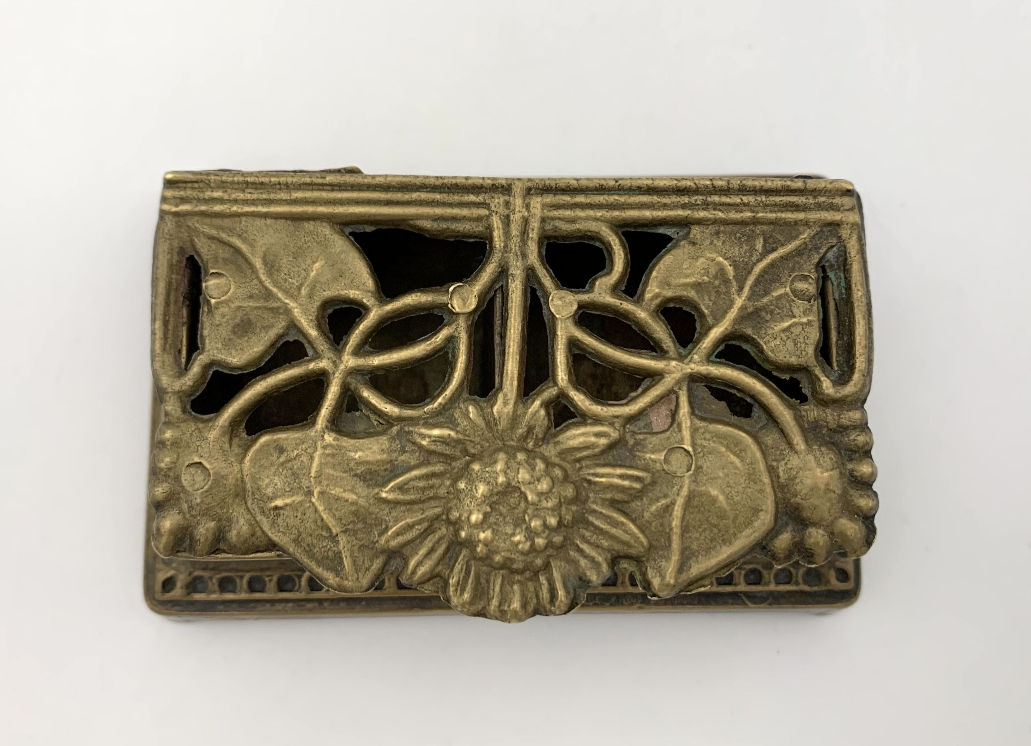 Old brass stamp box, floral decoration - twentieth century
