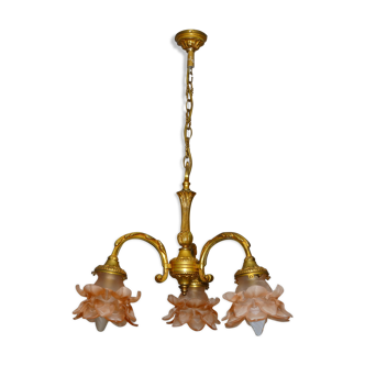Lustre en bronze doré à trois bras de lumière circa 1970