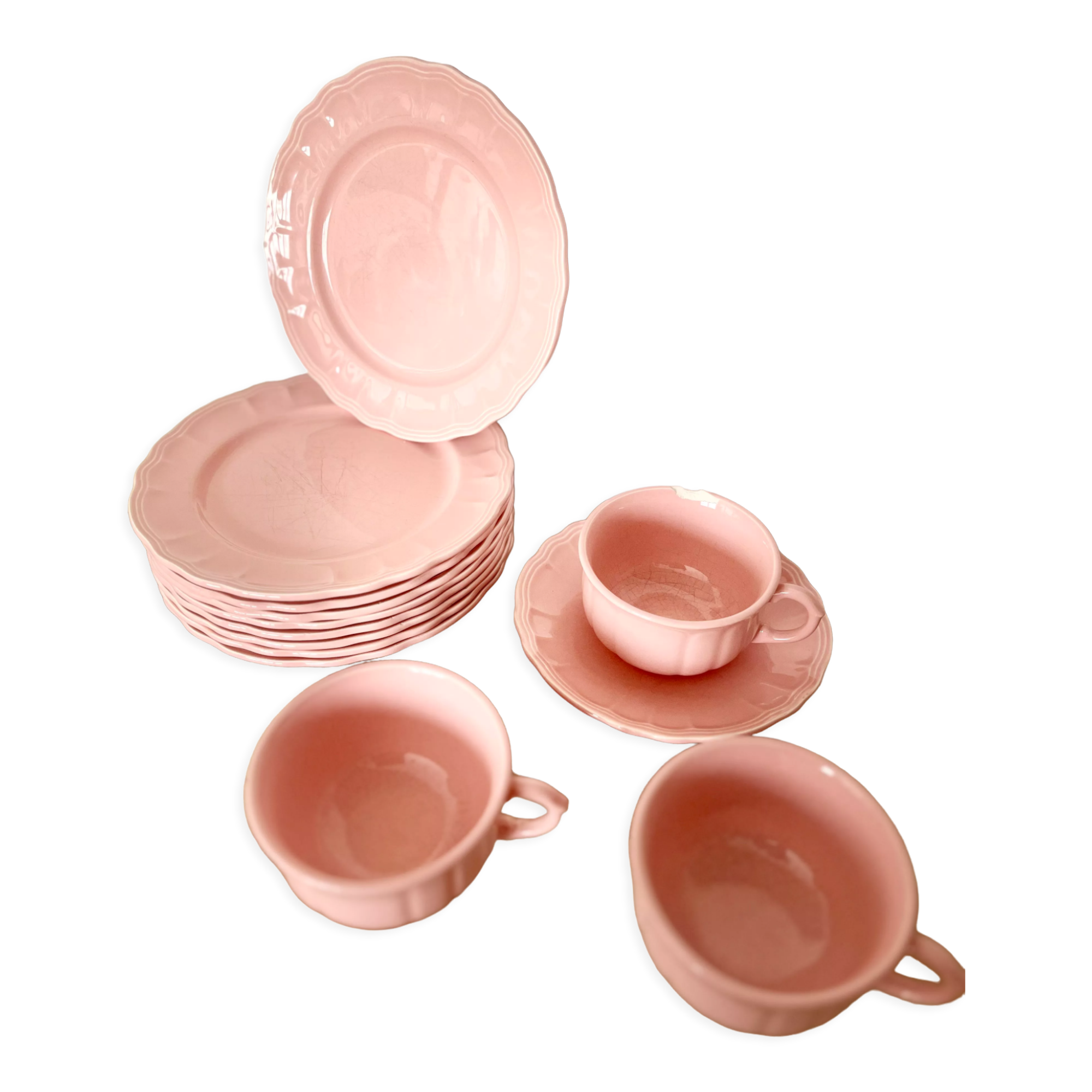 Lot of pink tableware "Faience de Salins" made in France