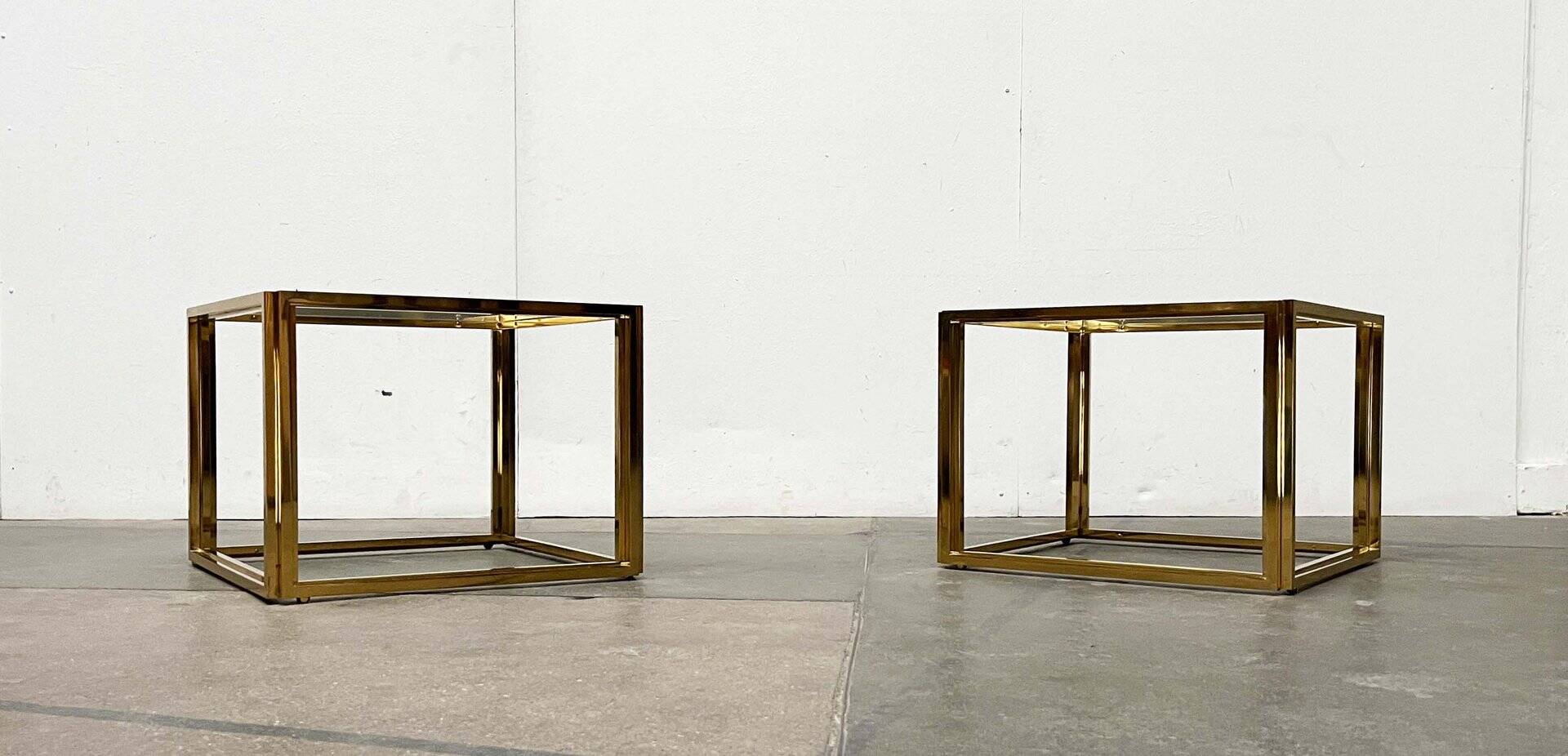 Cube side tables in brass and glass in the French Hollywood Regency style by Maison Charles, 1970s, set of 2.
