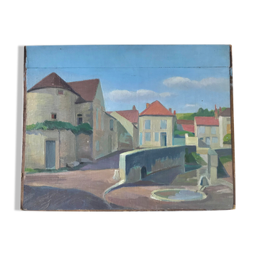 old painting oil on wood architecture village