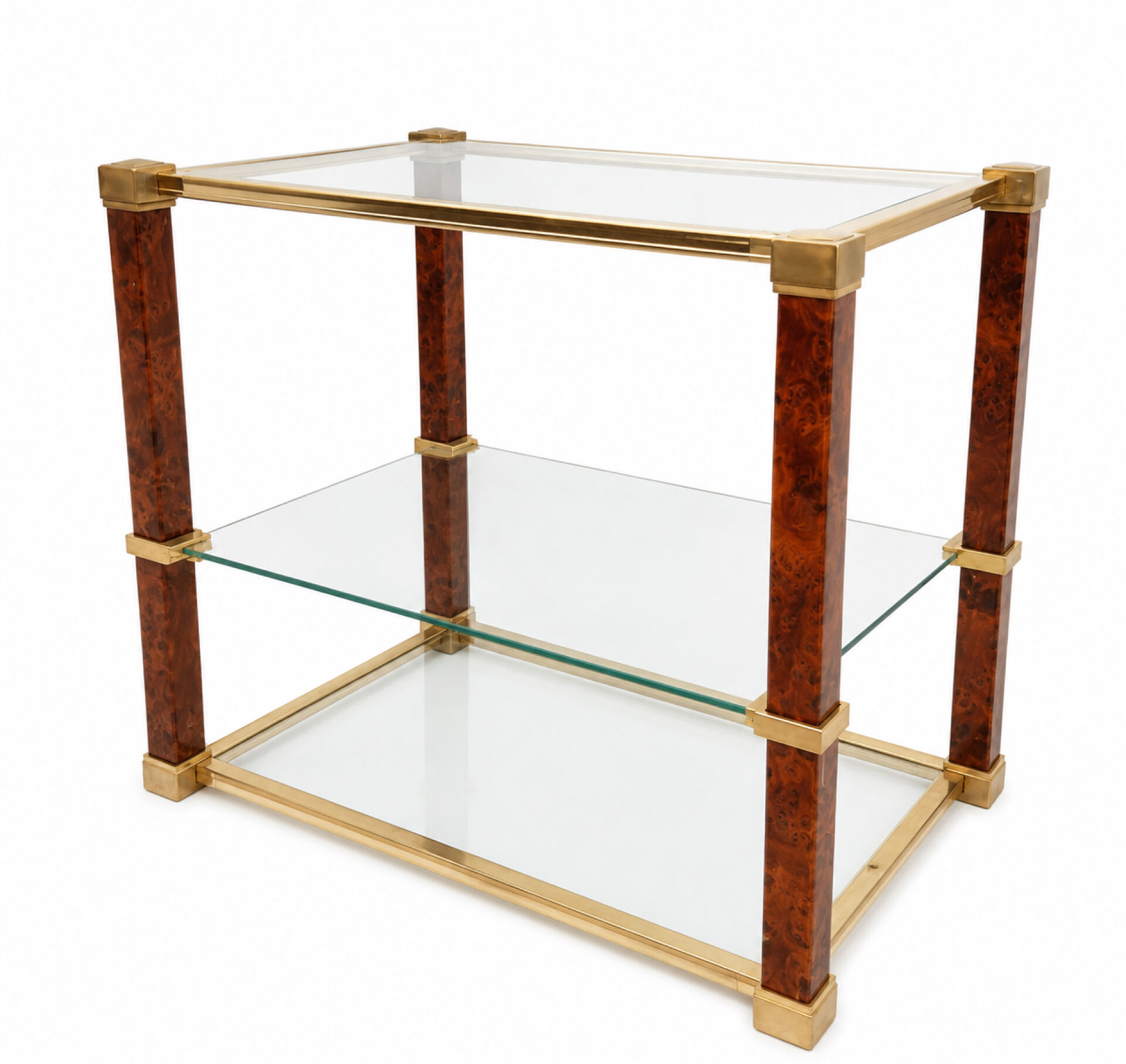 Hollywood Regency Set – Sideboard & coffee table in glass, brass & burl wood
