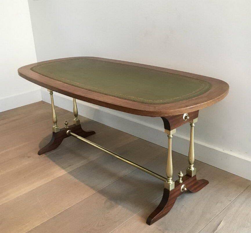 Neoclassical coffee table in wood, brass and leather