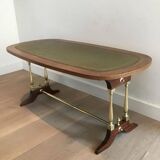 Neoclassical coffee table in wood, brass and leather