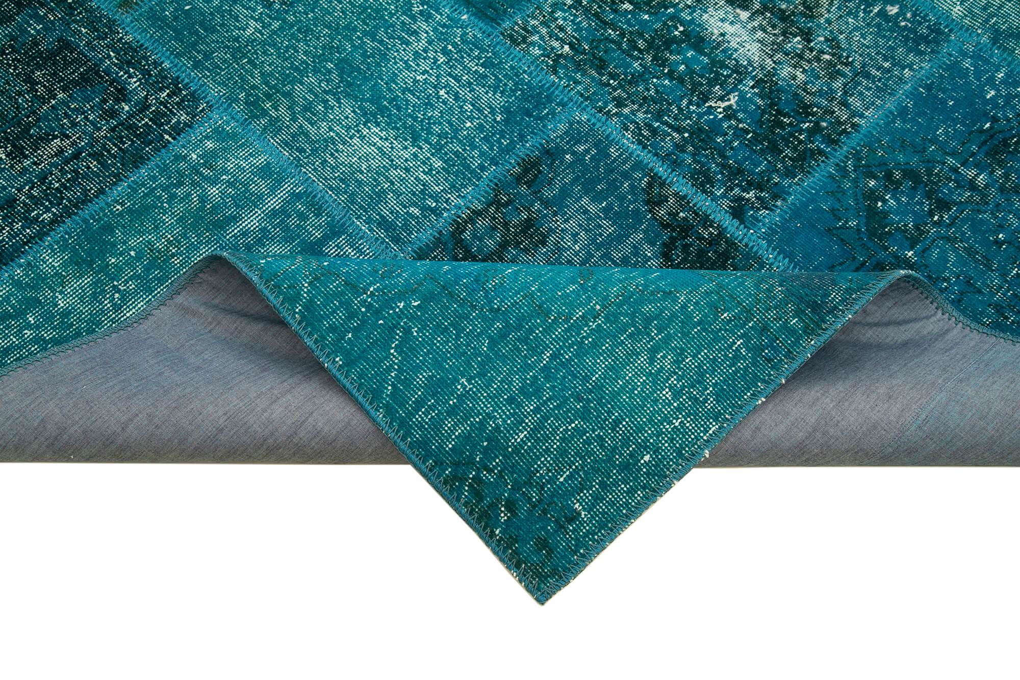 Hand-knotted oriental overdyed 169 cm x 243 cm turquoise patchwork carpet