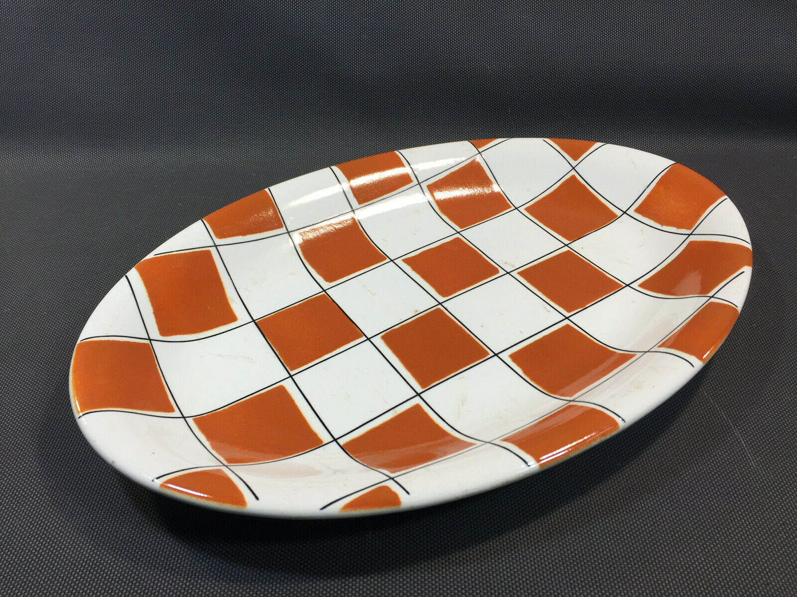 Ceramic dish of salins checkerboard orange and white vintage Napoli style