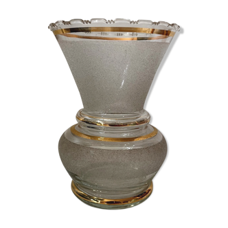 White granite glass vase, gilded border, 50s