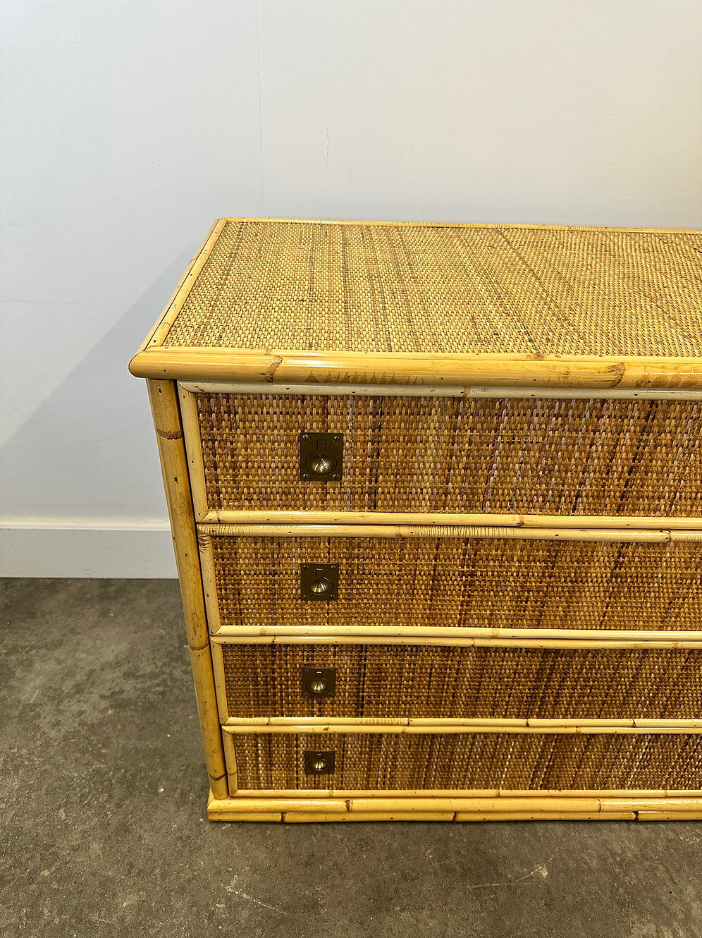 Midcentury bamboo, rattan and brass chest of drawers by Dal Vera, Italy, 1970s