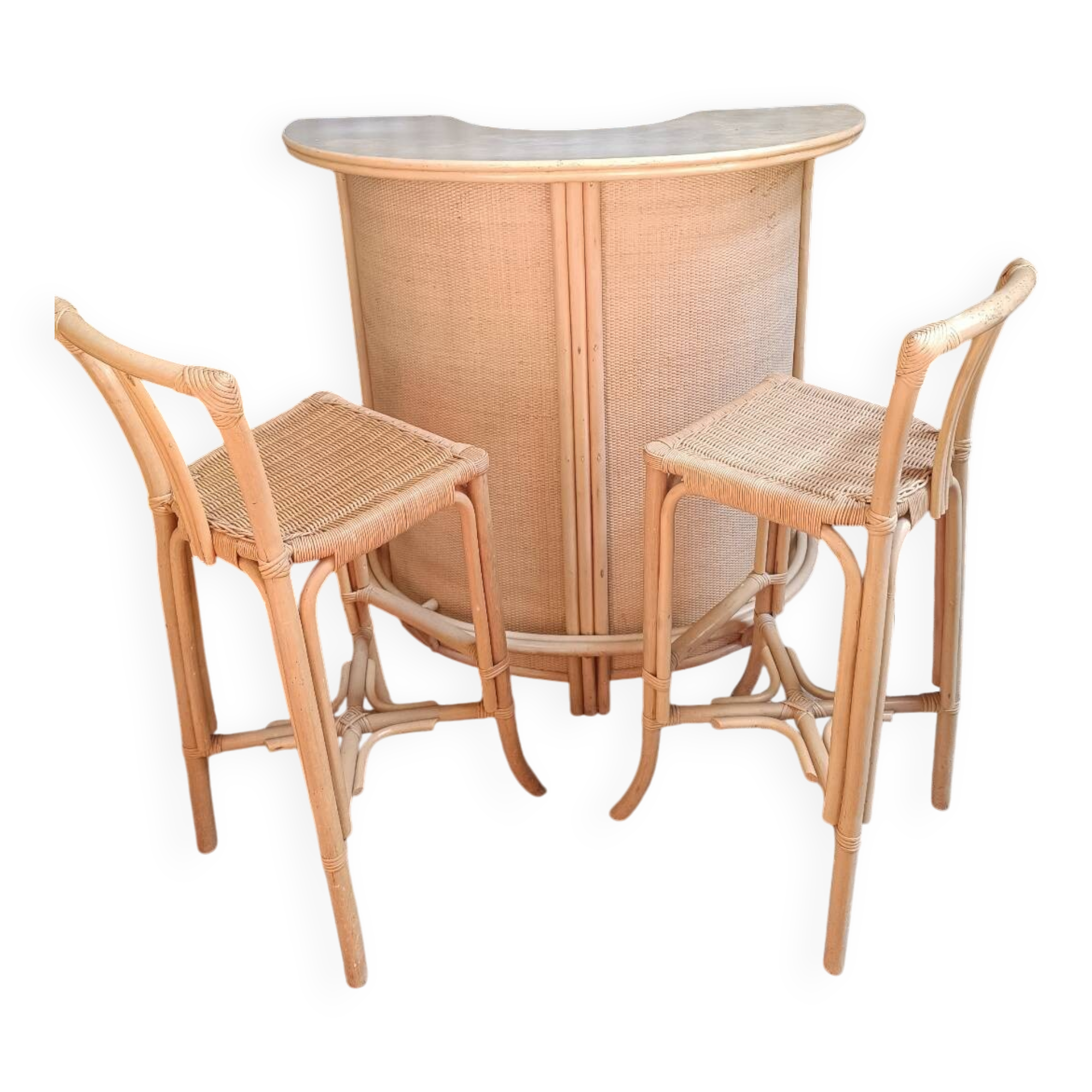 Vintage rattan wicker bar + 2 bar stools