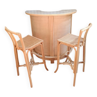 Bar en en osier rotin vintage+ 2 tabouret de bar