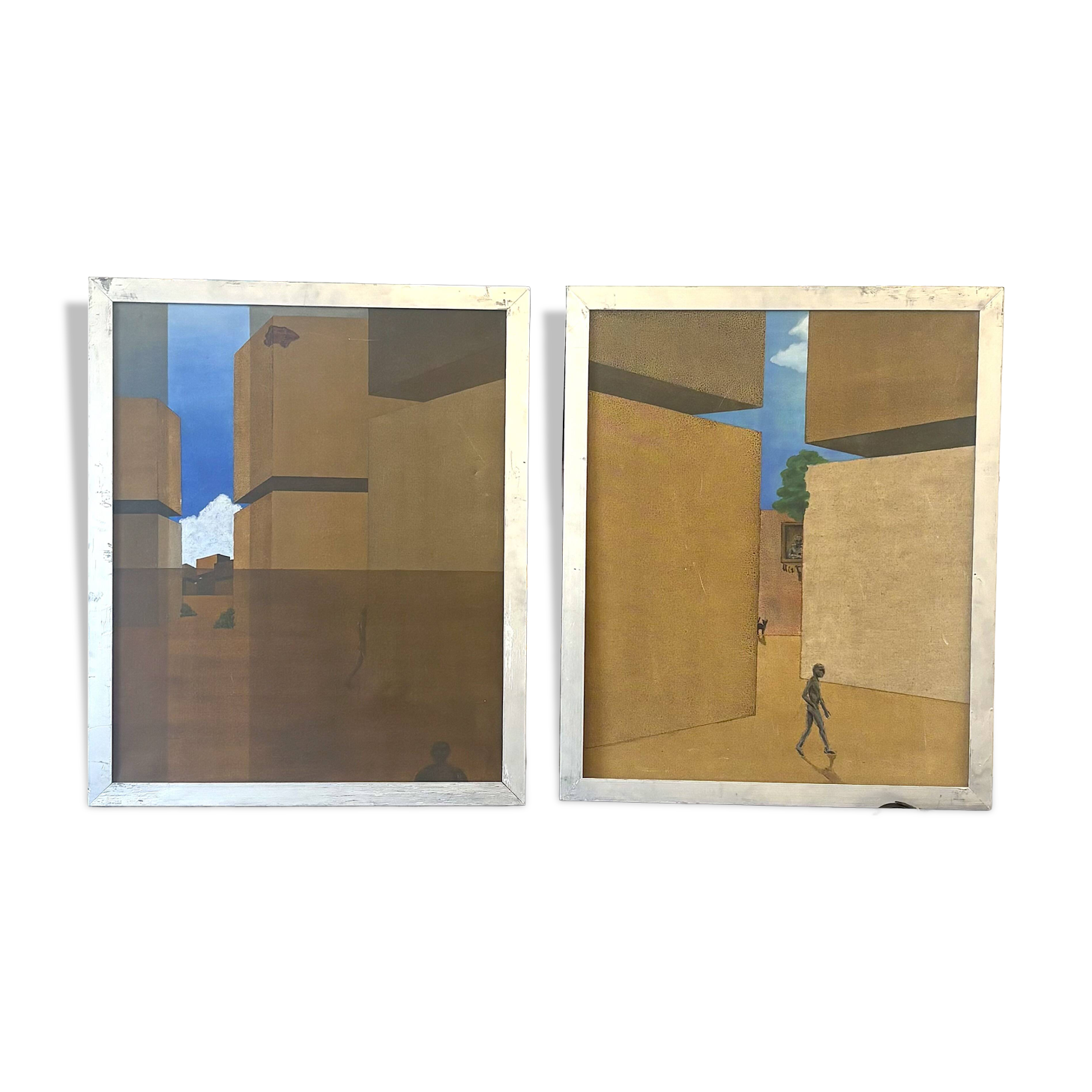 Pair of geometric surrealist modernist paintings
