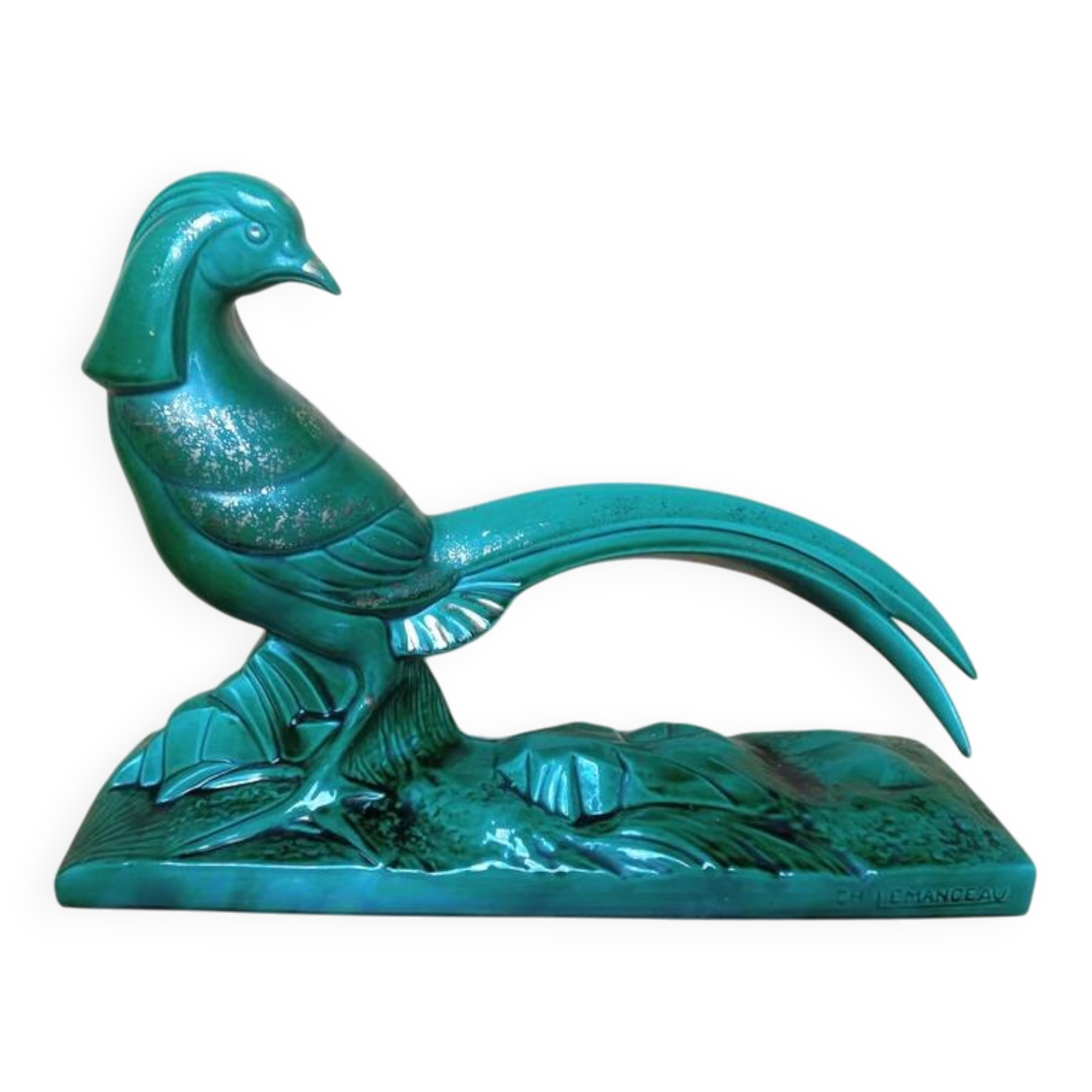 Pheasant statue sculpture glazed ceramic Ch.Lemanceau Art Deco