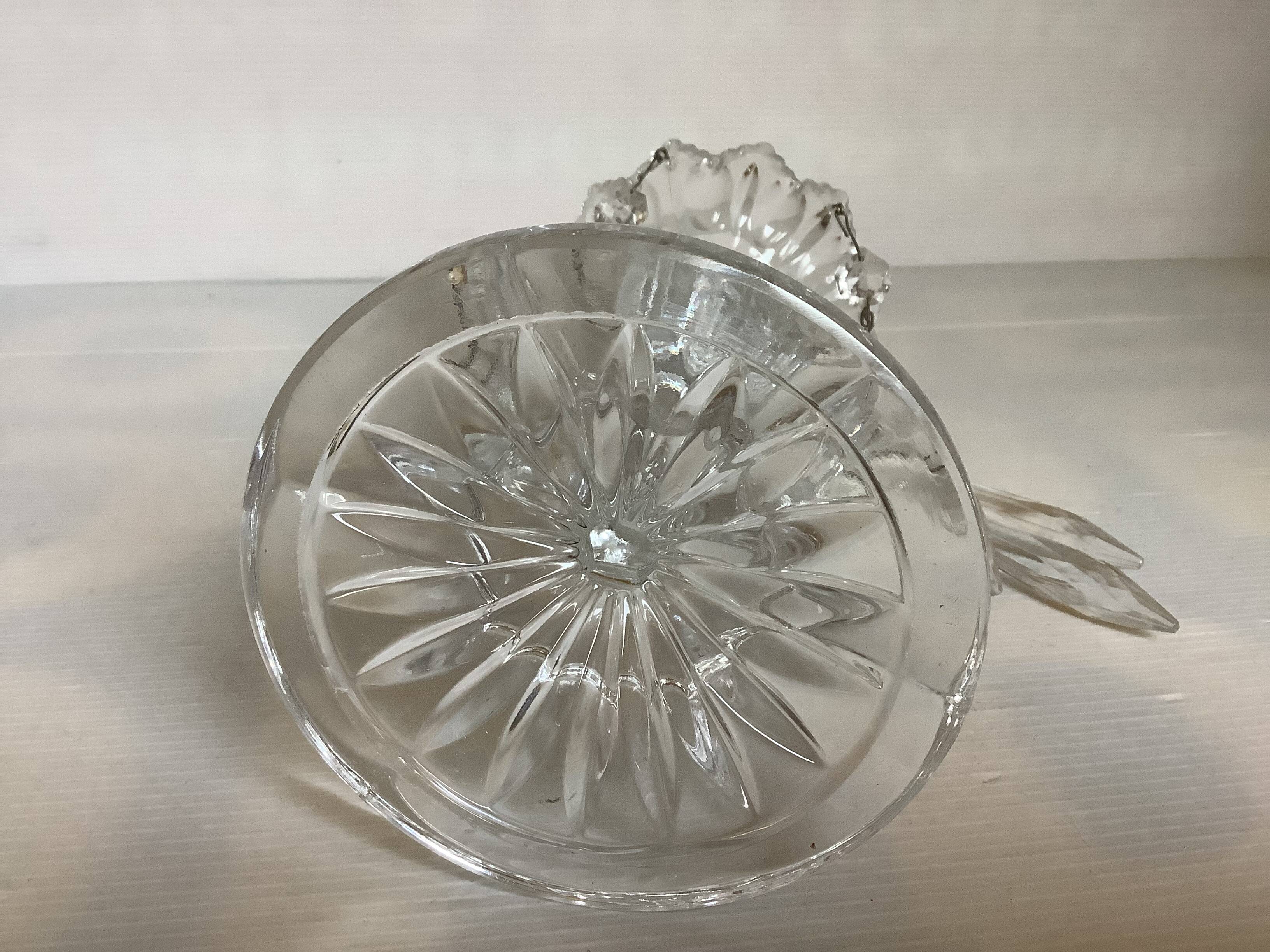 Pineapple candlestick with six glass moulded pendants.