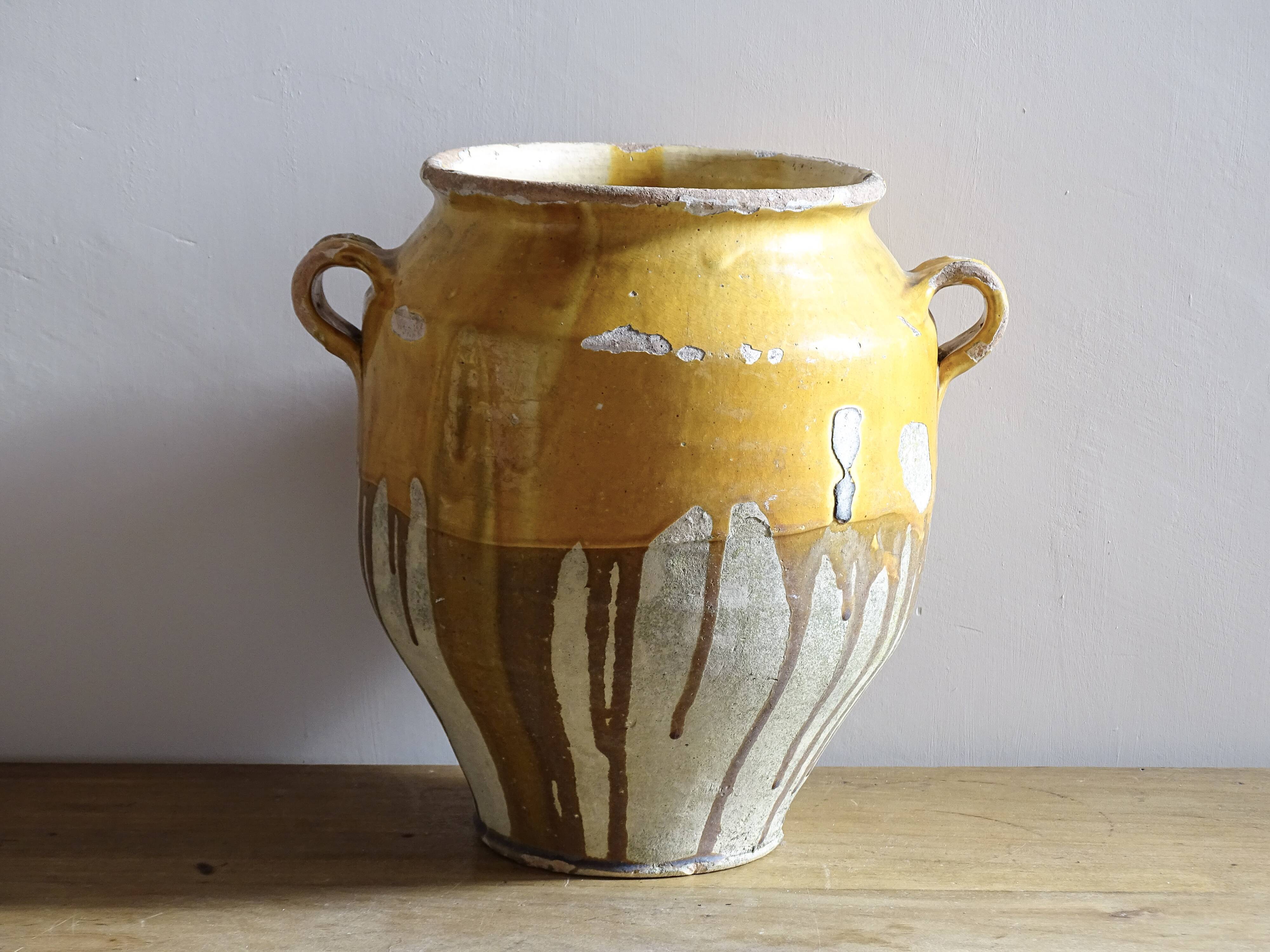 Large Antique French Confit Pot with Yellow Glaze