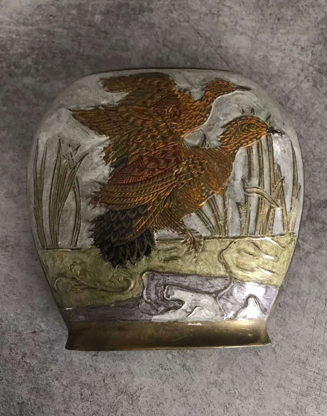 Vintage vase in enamelled brass decoration of duck flight 10.5 cm