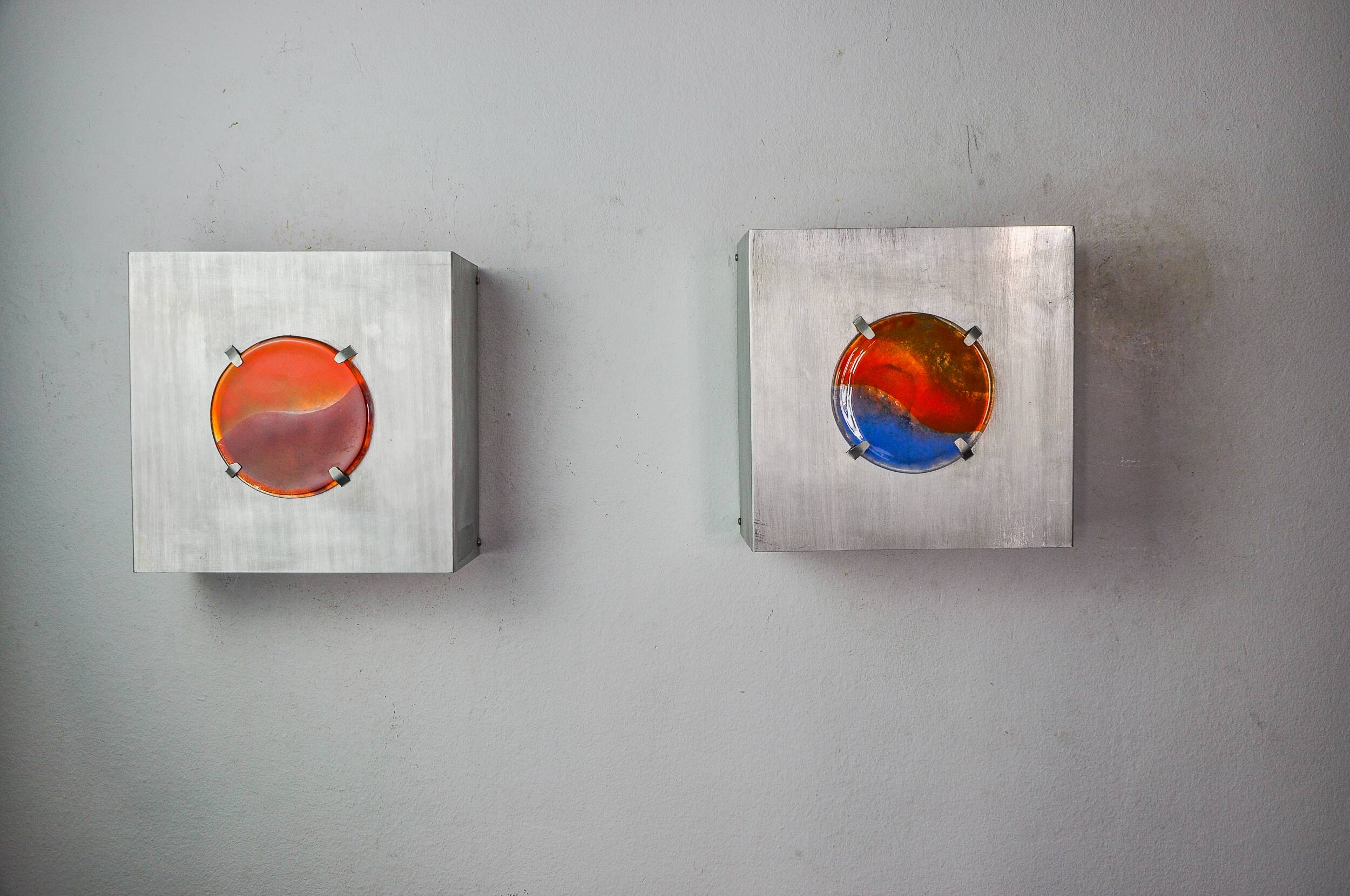 Pair of space-age wall lights, "fusing" glass, Germany, 1970