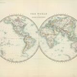 Antique map of the world in hemispheres  1869, w.a.k johnston general atlas