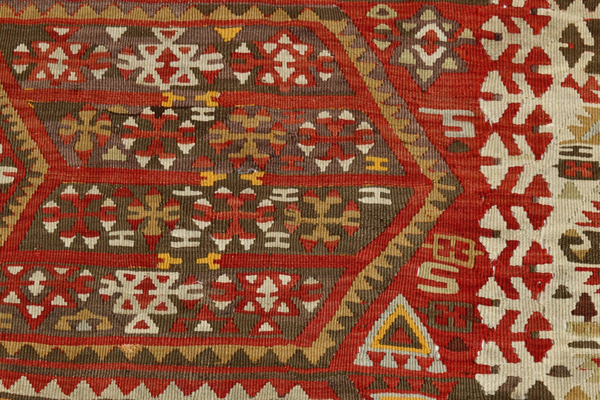 6x13 Beige & Red Wool Kilim Rug, 193x406Cm