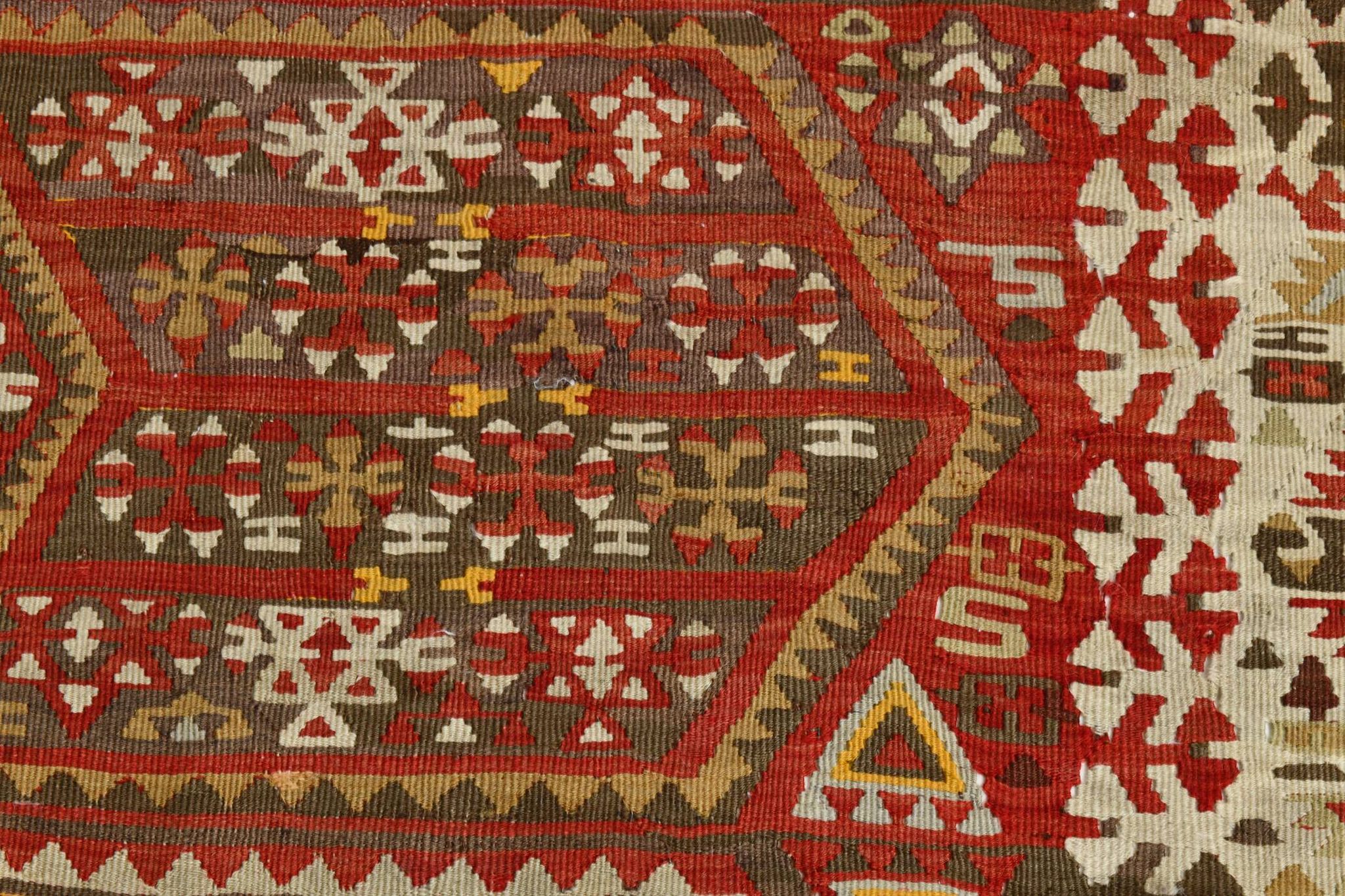 Tapis Kilim en laine beige et rouge 6x13, 193x406 cm