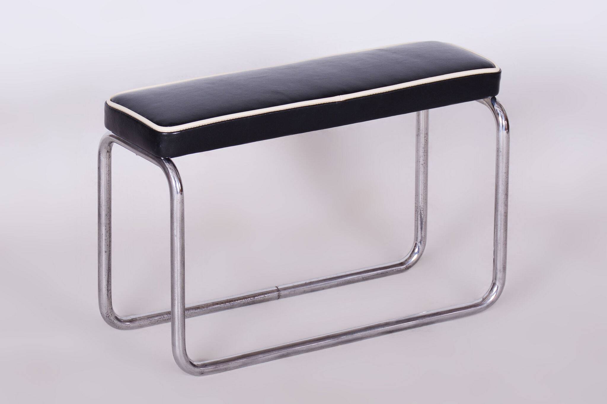 Restored Bauhaus Stool, High Quality Italian Leather, Chrome, Czechia, 1930s