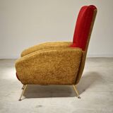 Red and mustard yellow fabric armchair in 1970s style